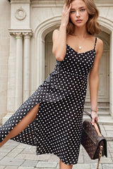 Polka Dot Midi Dress with Spaghetti Straps and Side Slit