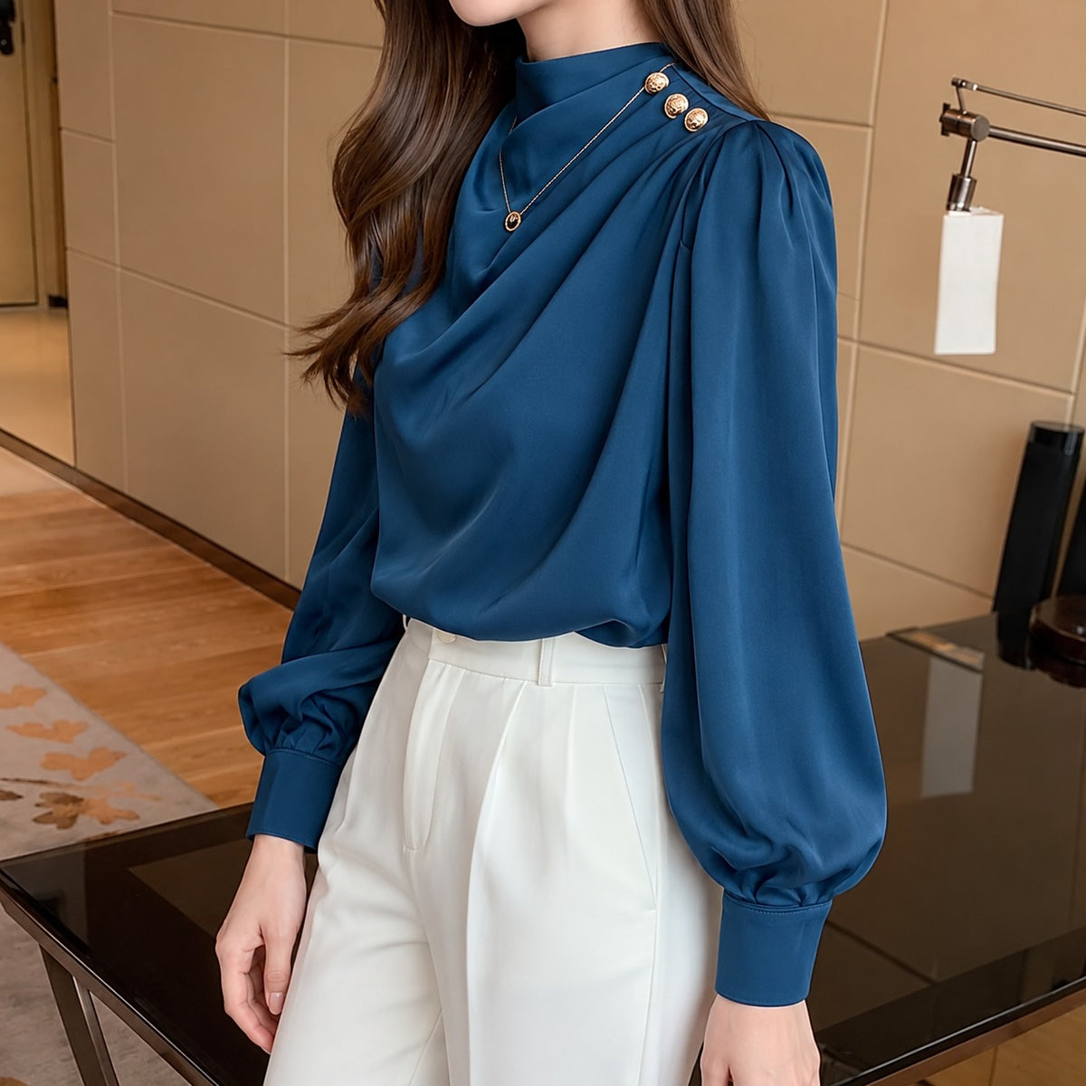 Neck Button Silk Shirt