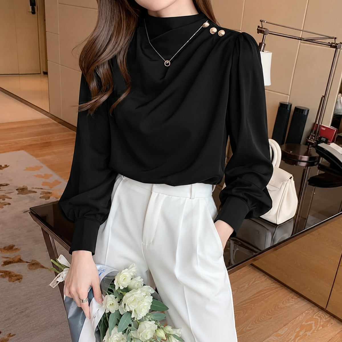 Neck Button Silk Shirt