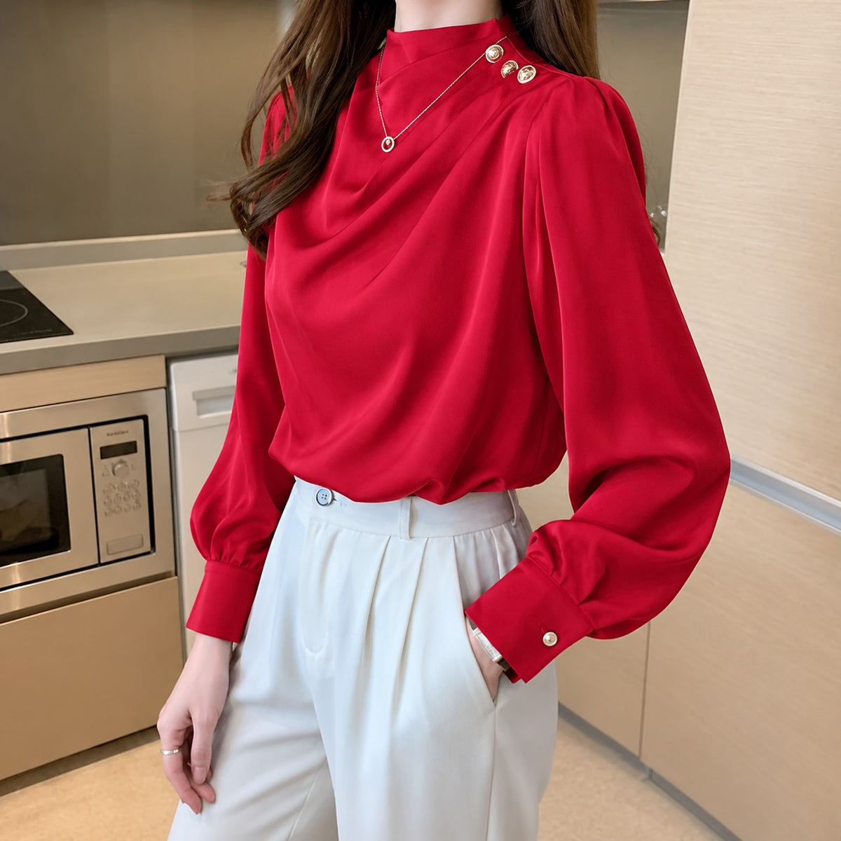 Neck Button Silk Shirt