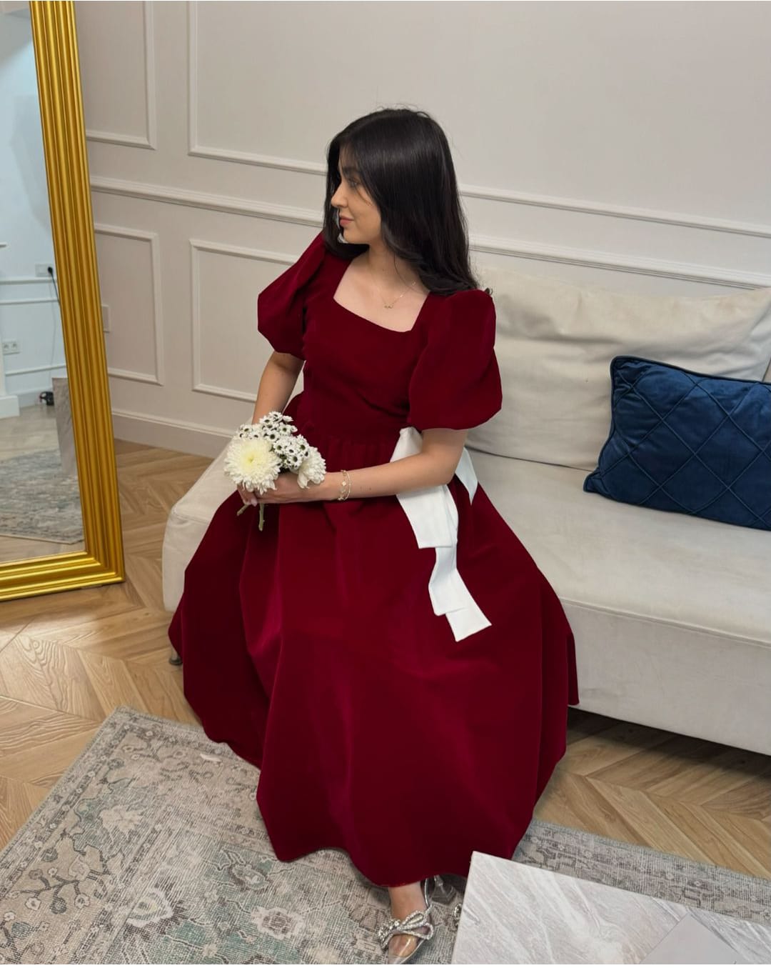 Burgundy Velvet Midi Dress with Puff Sleeves & Bow Accent