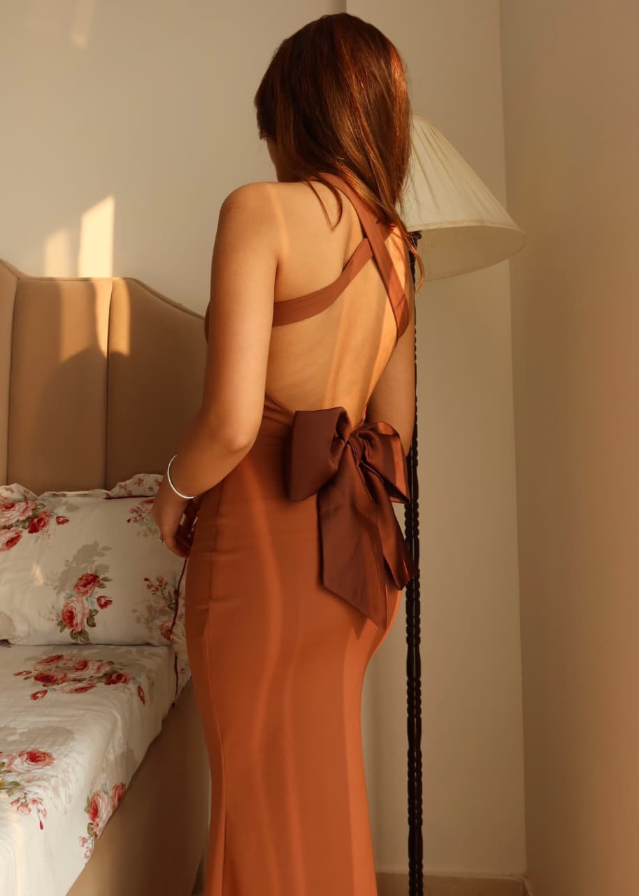 Amora Bow Bodycon, full back view with crossed straps and long skirt