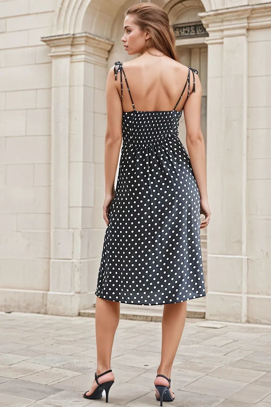 Polka Dot Midi Dress with Spaghetti Straps and Side Slit